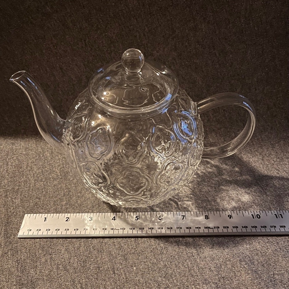 Clear Glass Embossed Teapot With Lid  Stovetop‎ Safe - Picture 6 of 9